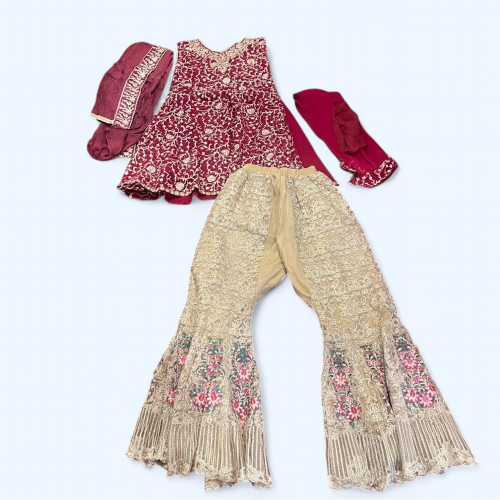 Indian/pakistani sharara gharara red and gold outfit, not lehenga
